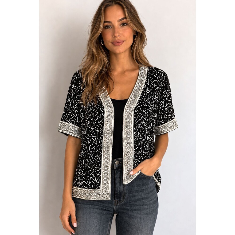 Vintage Laurence Kazar Silk Beaded Blouse Medium Black Silver Art Deco Style